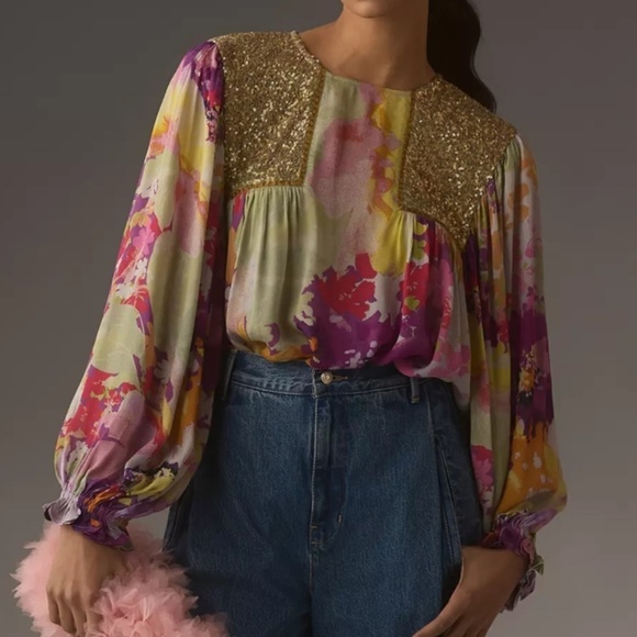 NWT Anthropology Bi-Ink Sequins Details Multicolor Woman Blouse Size US XL - Picture 4 of 8